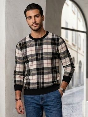 J. Crew Black and Cream Plaid 100% Cashmere Crewneck Sweater Men’s Size XL